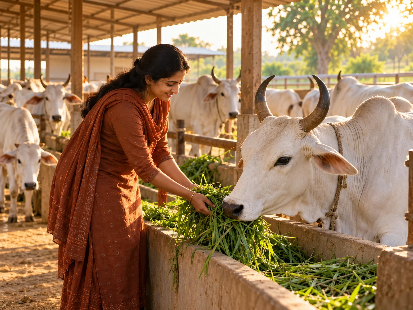 A caregiver feeding a cow at the shelter
