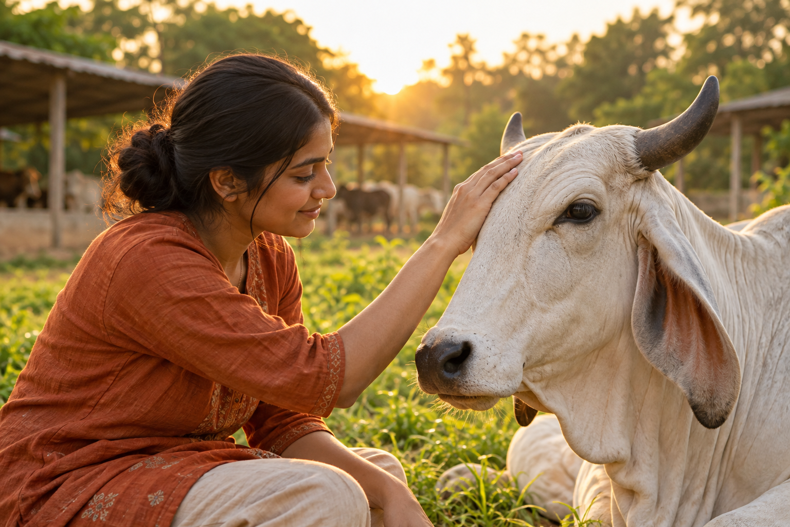 A caregiver gently comforting a rescued cow in warm evening light
