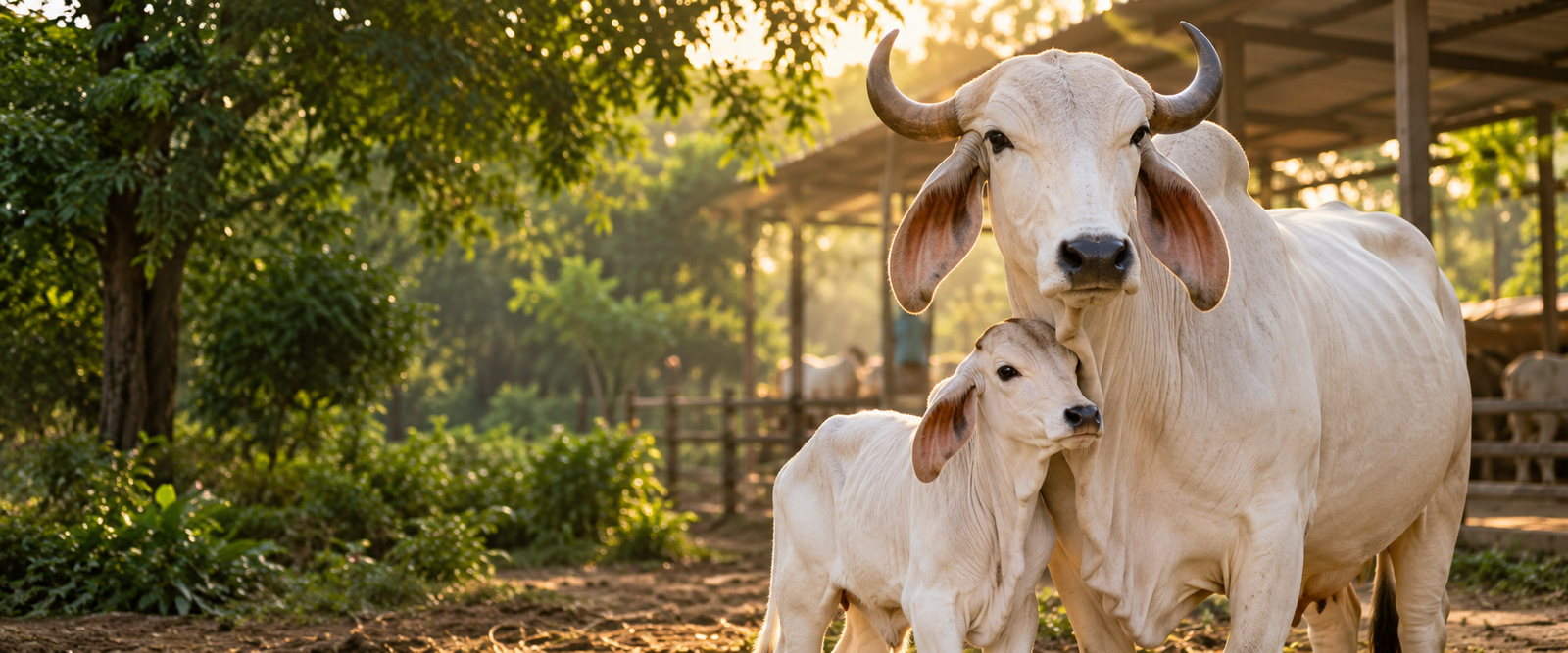 A white Indian cow standing protectively beside her calf at a peaceful gaushala