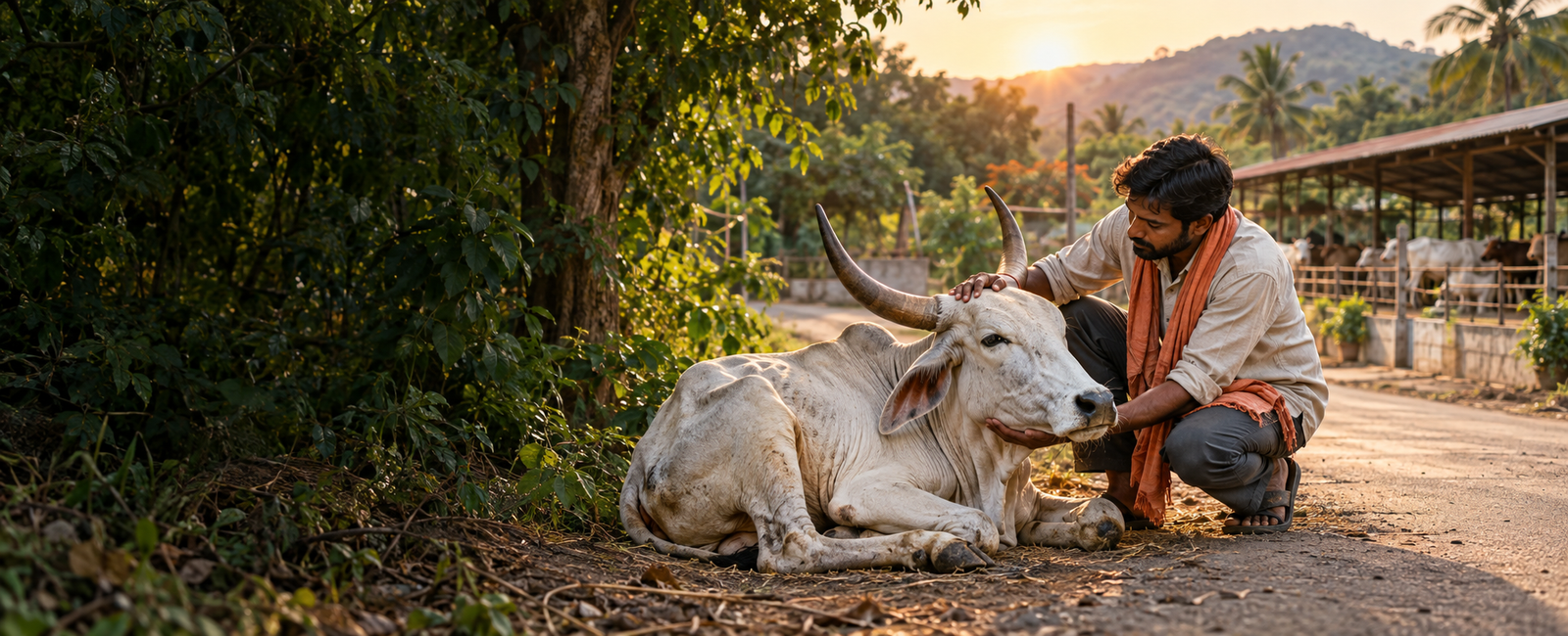 A caregiver comforting a vulnerable cow beside a road