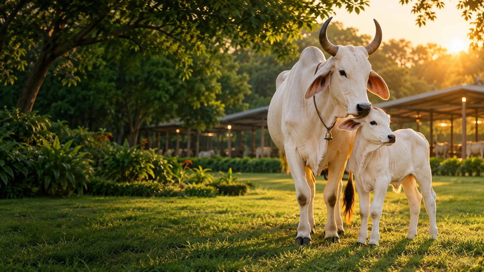 A mother cow and calf receiving sanctuary care