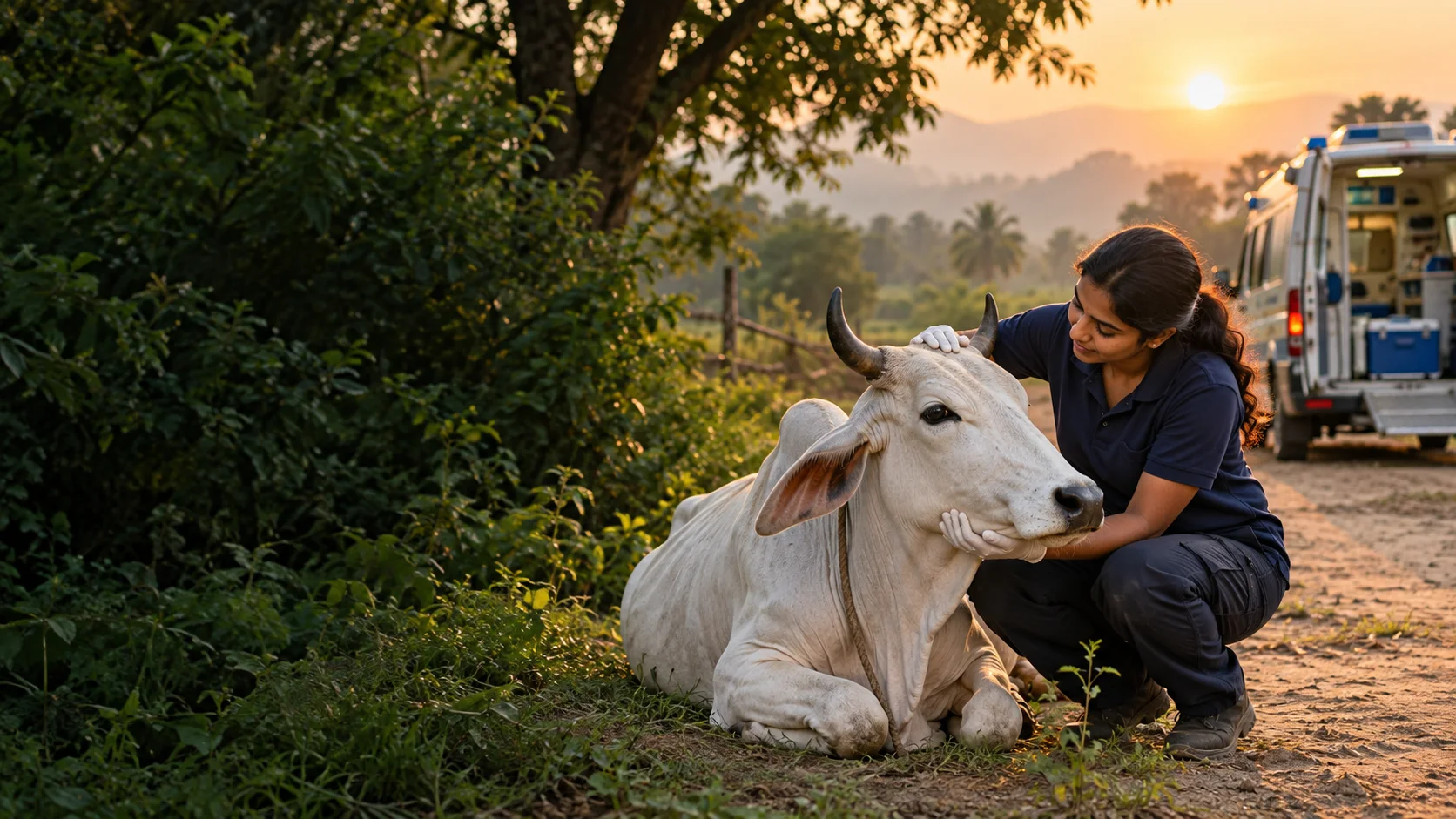 A trained responder caring for a rescued cow